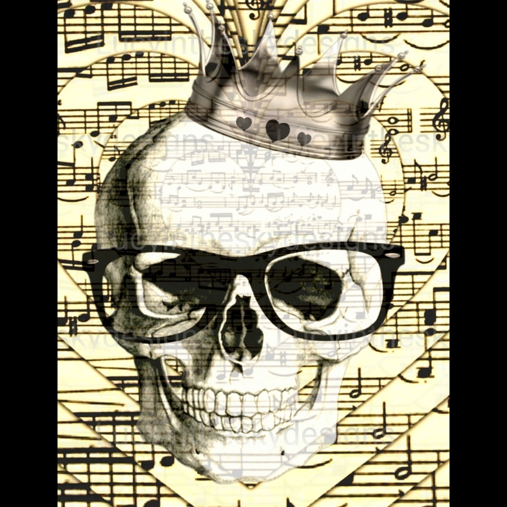 Skull with Crown and Glasses Art Print Heart Music Lover Unique Wall Decor - Picture 2 of 4